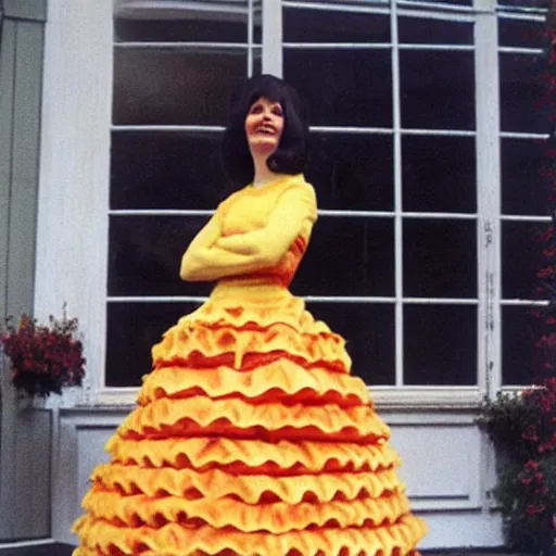 Prompt: dress made out of lasagna, fashion, 6 0 s