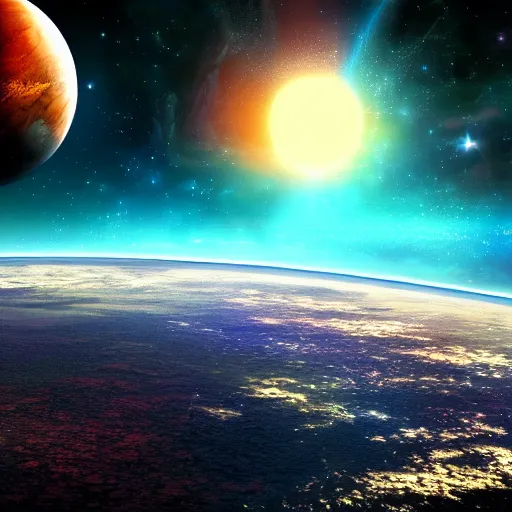 Image similar to anime style hd wallpaper of outer space, stars and a view of a mirrored planet