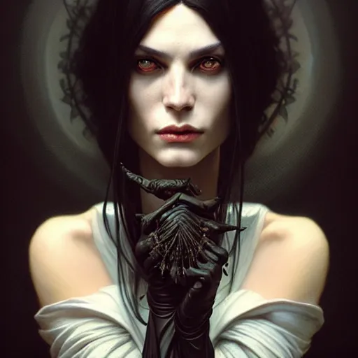 Prompt: portrait painting of an androgynous witch with shoulder length flowing black hair pale skin and beautiful dark brown eyes, ultra realistic, concept art, intricate details, eerie, highly detailed, photorealistic, octane render, 8 k, unreal engine. art by artgerm and greg rutkowski and alphonse mucha