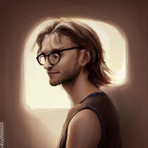 Prompt: a beautiful cute german guy with very long chestnut! hair, with glasses and short stubble! goatee, attending a swimming pool tour, wet hair, digital painting, concept art, matte, artgerma and greg rutkowski