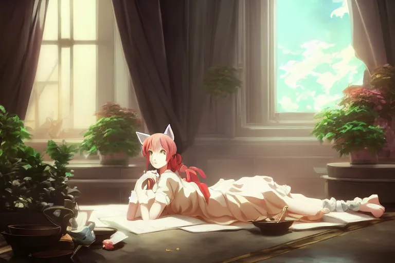 Image similar to baroque oil painting of anime key visual concept art of anime maid with cat ears lying down on sofa, soft lighting, new york apartment, potted plants, big window, trending on artstation, brush strokes, oil on canvas, style of makoto shinkai and greg rutkowski and studio ghibli