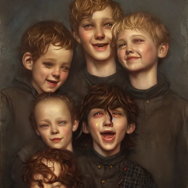 Image similar to a portrait of happy boys by tom bagshaw and manuel sanjulian