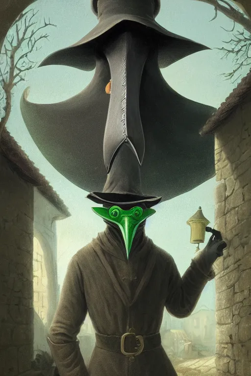 Prompt: A fancy portrait of a green medieval plague doctor wearing a beak mask in a medieval village by Greg Rutkowski, Sung Choi, Mitchell Mohrhauser, Maciej Kuciara, Johnson Ting, Maxim Verehin, 8k photorealistic, cinematic lighting, HD, high details, dramatic, dark atmosphere, trending on artstation