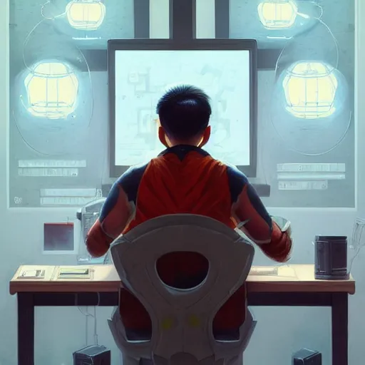 Prompt: an insanely detailed painting of a asian man wearing a homemade superhero costume and mask, sitting at a computer desk typing on the keyboard, in the style of peter mohrbacher, dramatic lighting and composition, trending on artstation, concept art, comic book, graphic novel, back view