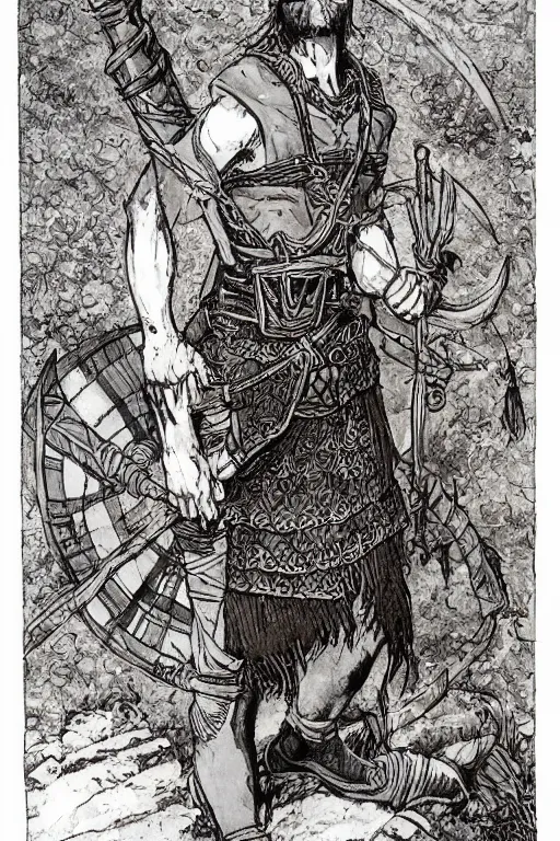 Image similar to full body character design reference art of Eoghaill of the Murine Hordes, a La Tene Culture Celtic chieftain and warrior, resplendent and proud of bearing. high quality, high detail, realistic painting, in the style of: Angus McBride, Rebecca Guay, and Michael William Kaluta. photorealistic light.