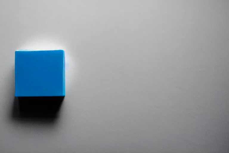 Image similar to single blue cube on white studio floor, soft light, 3 5 mm