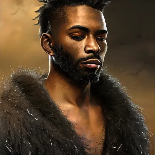 Image similar to portrait painting of a beautiful black man with cut scars and cropped hair wearing a tattered fur coat, ultra realistic, concept art, intricate details, eerie, highly detailed, photorealistic, octane render, 8 k, unreal engine. art by artgerm and greg rutkowski and charlie bowater and magali villeneuve and alphonse mucha