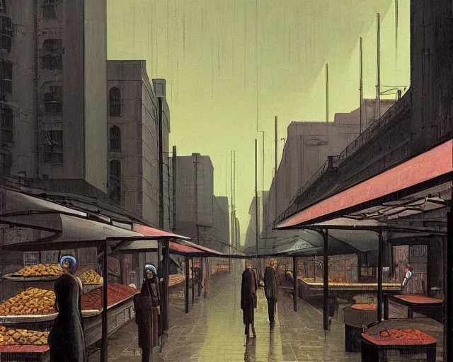 Image similar to street with food stands in a cyberpunk city on a rainy melancholy night by de chirico