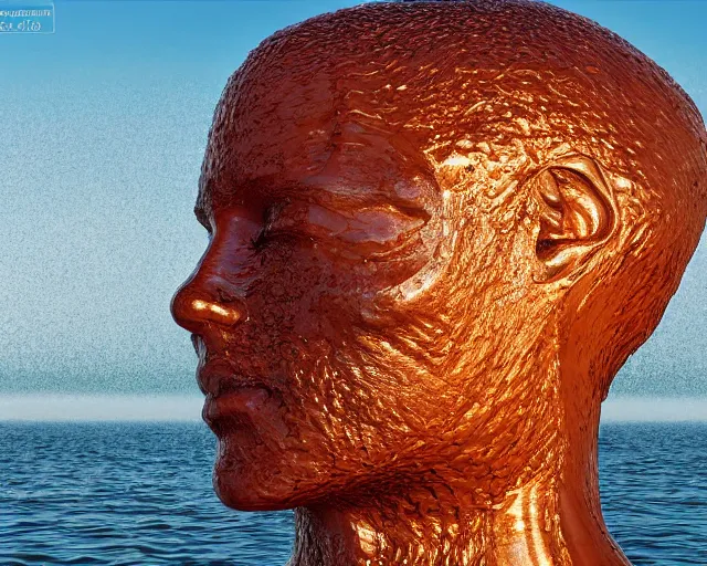 Image similar to a giant sculpture made out of of gelatin in a human head shape, on the surface of the ocean, in the style of chad knight, long shot, hyper detailed, hyper realistic, ray tracing, 8 k resolution, sharp focus, realistic water, award winning sculpture