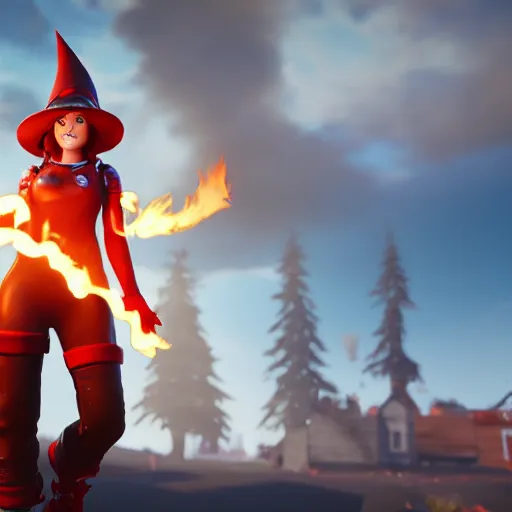 Image similar to a curly haired female pyromancer wearing a red wizard hat as a fortnite character, screenshot from fortnite, 3 d unreal engine render