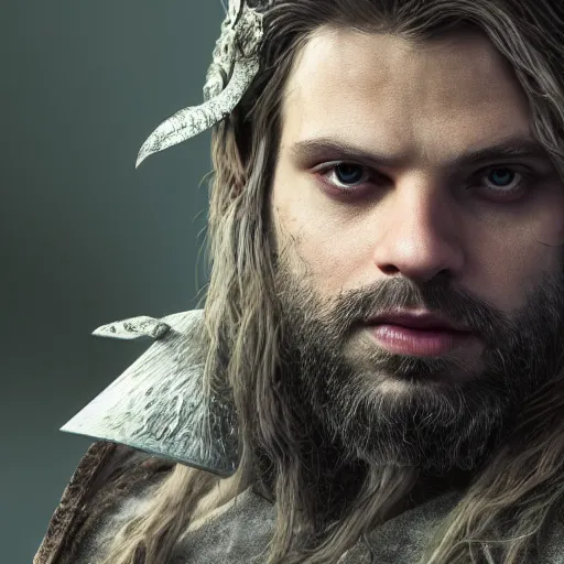 Image similar to a digital art close up portrait of pale sebastian stan as ancient druid mage from warcraft, old witcher with long beard character sheet, 4 k, ultra detail, volumetric lighting, unreal engine, octane render