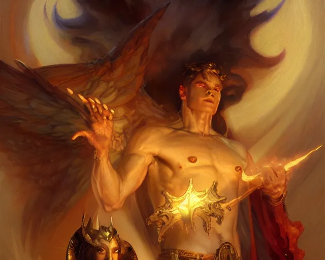 Prompt: attractive demonic male deity, casting magic, summoning handsome lucifer morning star. highly detailed painting by gaston bussiere, craig mullins, j. c. leyendecker 8 k