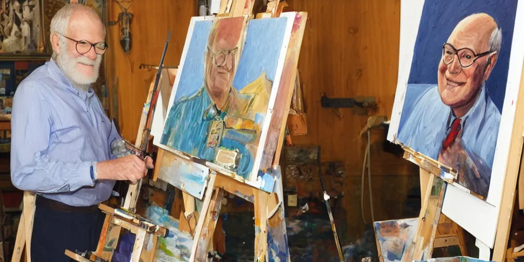 Image similar to david letterman, stands at a his easel, painting calvert grant deforest, aka larry bud melman