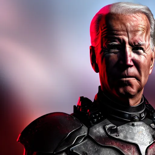 Prompt: cinematic shot of joe biden with glowing red eyes wearing dark combat armor, 8 k, very intricate, very detailed,