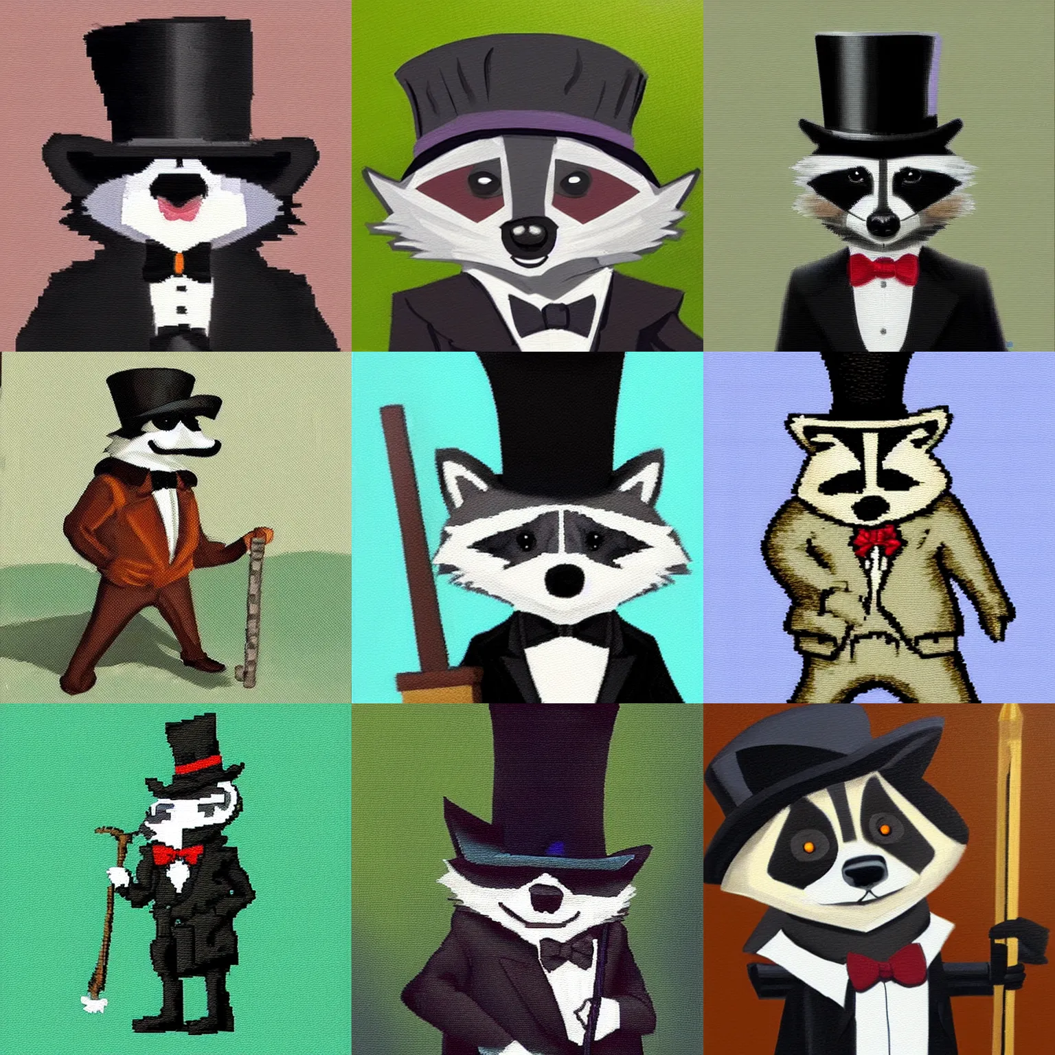 Prompt: a raccoon wearing formal clothes, wearing a tophat and holding a cane. the raccoon is holding a garbage bag. oil painting in the style of pixel art.