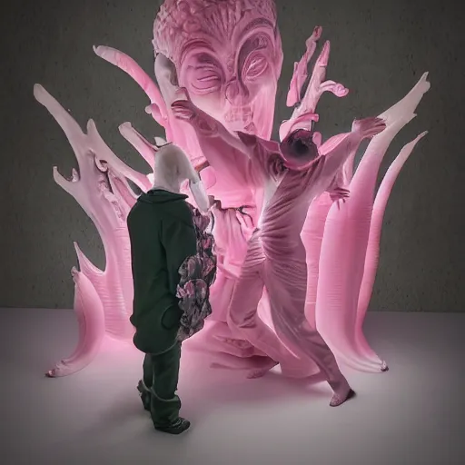 Image similar to photorealistic underground dance club, chinese exquisite carving sculpture, the sculpture is inflatable, fog pink hell themed, bosch paintings on walls, fog pink orchids growing on people, the human body is slowly merging with the sculpture, phantom, francis bacon, people wear surreal dramatic down jackets designed by jean - paul gaultier, epic photorealistic octane render ， hd film camera