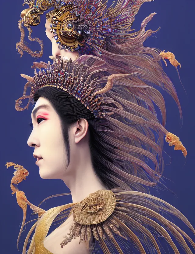 Image similar to 3 d goddess close - up profile portrait with crown, ram skull. beautiful intricately detailed japanese crow kitsune mask and clasical japanese kimono. betta fish, jellyfish phoenix, bio luminescent, plasma, ice, water, wind, creature, artwork by tooth wu and wlop and beeple and greg rutkowski