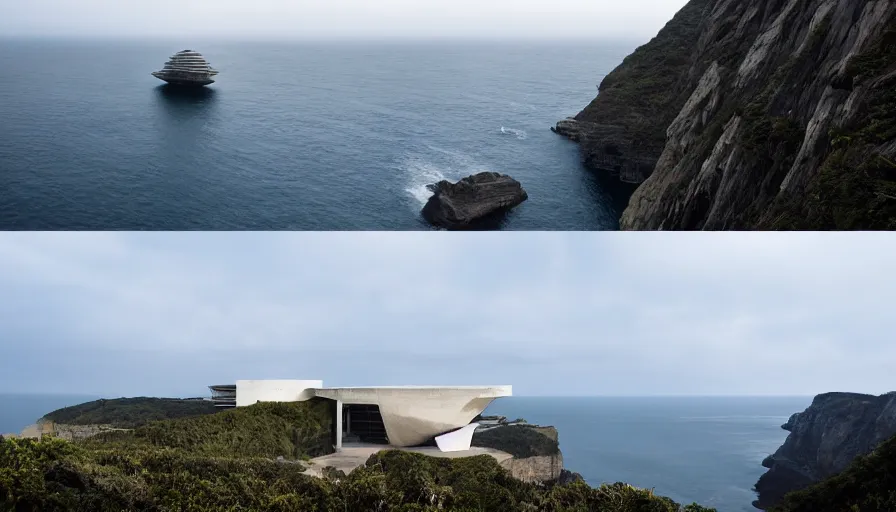 Image similar to bond villain base perched on a cliff overlooking a magnificient bay, brutalism architecture on cliffs, drawing architecture, pritzker architecture prize, greig fraser