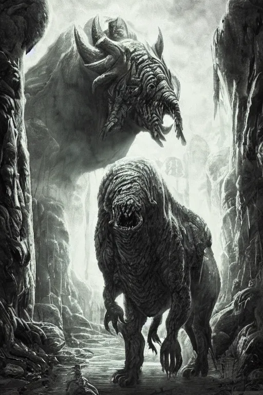 Prompt: matte painting of a huge mutated animal beast almost too large for the corridors wandering the dark corridors of a wet underground dungeon in lovecraft style