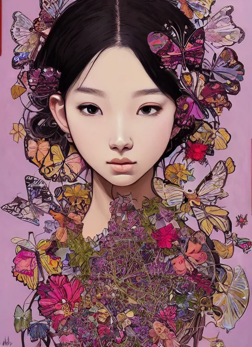 Prompt: !!! very coherent!!! oil painting, beautiful floralpunk lisa cyborg portrait girl female illustration detailed patterns art of thai traditional dress, butterfly pop art, floral splash painting, butterfly, art by ashley wood, alphonse mucha, makoto shinkai, geof darrow, dark shadow