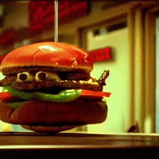 Image similar to the strange cheeseburger creature at the fast food place, film still from the movie directed by denis villeneuve and david cronenberg with art direction by salvador dali and zdzisław beksinski, wide lens