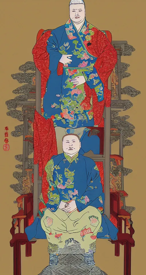 Image similar to Bobby Hill sits on his throne as emperor of Hill Dynasty China, ink and color on silk, imperial portrait