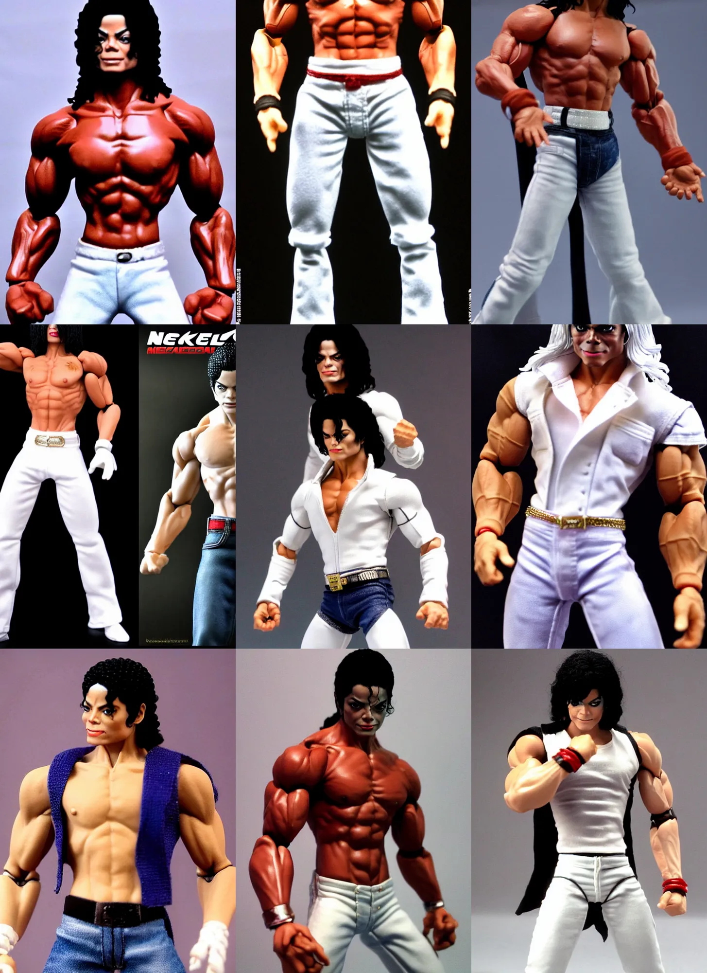 Prompt: michael jackson muscular powerlifter by neca!!! pretty! beautiful! shirtless muscular white pants very detailed realistic action figure by neca close up head shot in the style oftekken 5, character by neca, film still, bokehs