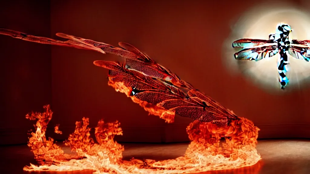 Image similar to a giant dragonfly, made of blood and fire, floats through the living room, film still from the movie directed by Denis Villeneuve with art direction by Salvador Dalí, wide lens