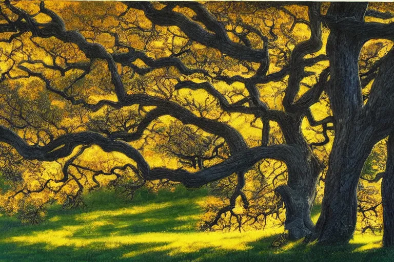 Prompt: masterpiece painting of oak trees on a hillside overlooking a creek, dramatic lighting, by hiro osono