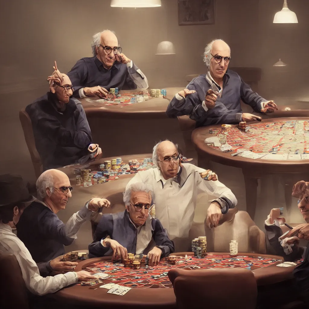 Image similar to portrait of larry david playing poker. intricate artwork, wlop, beeple. octane render, trending on artstation, greg rutkowski very coherent symmetrical artwork. cinematic, hyper realism, high detail, octane render, 8k