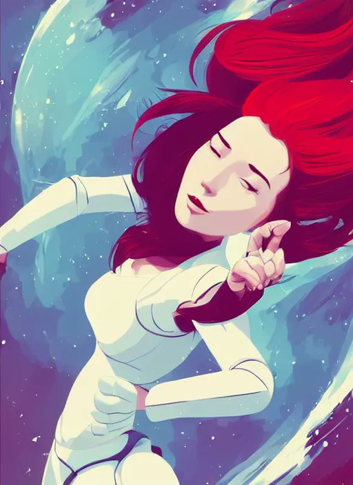 Image similar to a beautiful woman with red hair floating in space. she is an astronaut, wearing a space suit. clean cel shaded vector art. shutterstock. behance hd by lois van baarle, artgerm, helen huang, by makoto shinkai and ilya kuvshinov, rossdraws, illustration, art by ilya kuvshinov