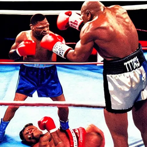 Image similar to Keanu Reaves knocking out Mike Tyson in boxing match, photorealism
