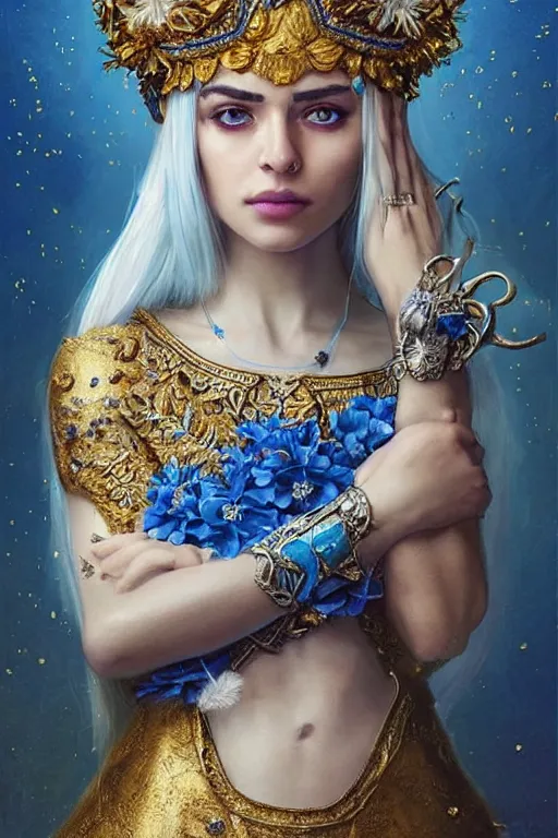 Image similar to a pale Iranian girl with white hair, floral crown, sad blue eyes, cinematic lighting, ultra detailed, highly detailed, sharp focus, golden background with flowers, golden jewellery with blue sapphires, photographic, art by artgerm and greg rutkowski and zdislav beksinski