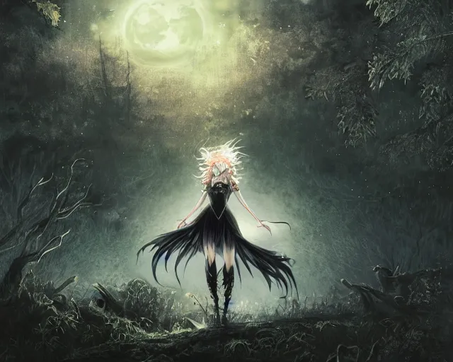 Image similar to goth woman in a moonlight view, in a forest, a river, tankoban, 4 k, tone mapping, akihiko yoshida, james jean andrei riabovitchev marc simonetti, yoshitaka amano, long hair, curly, h. hydrochaeri