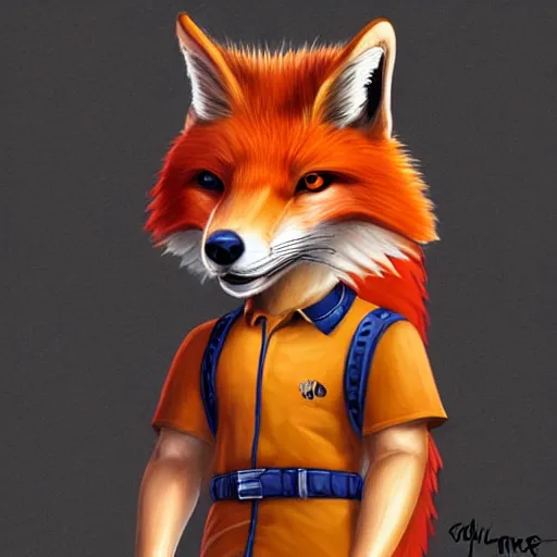 Prompt: anthropomorphic vulpes vulpes fulva wearing polo shirt and cargo shorts, male with lip piercing and blue eyes, 4 k, award winning extremely detailed fantasy art