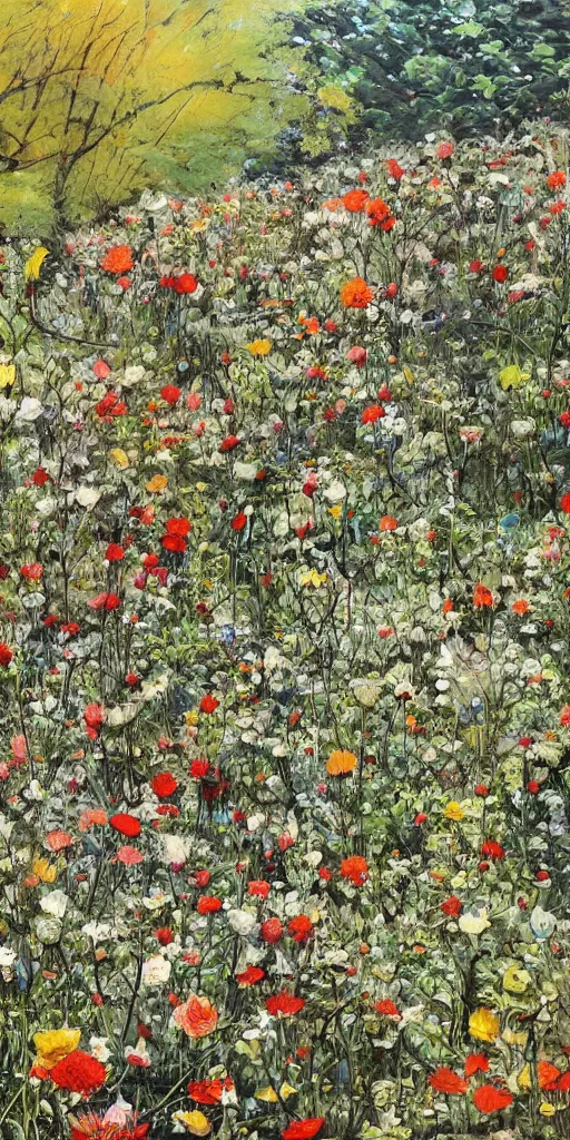 Image similar to oil painting scene from flower fields in the forest by kim jung gi