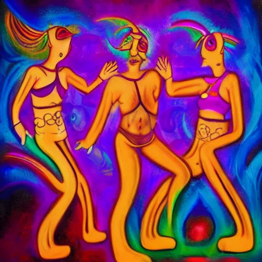 Image similar to tantric trio dancing in a trip, two men and a girl, psychodelic art, trending on artstation, artstationHD