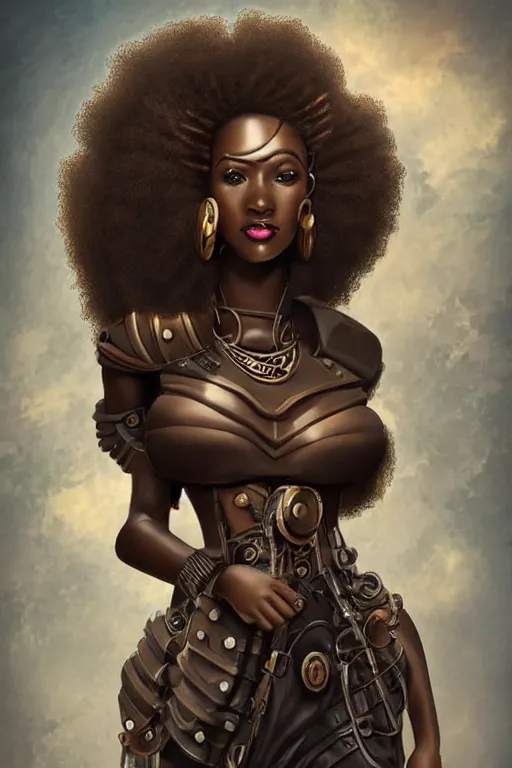 Image similar to beautiful steampunk african girl with a large afro holding. smart pose, tight futuristic armor, artgerm, trending on artstation, character concept art, bokeh