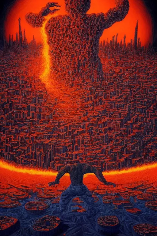 Prompt: massive large human figure in center of psychdelic city blaze of glory dreamworld in the underworld, surrealist and abstract digital art trending on artstation by artist Rob Gonsalves and Mark Riddick supreme peace immense knowledge black red orange navy gold dmt art