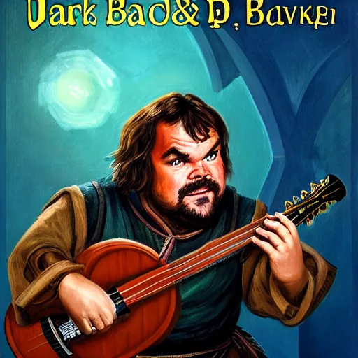 Prompt: D&D character portrait jack black as bard in a tavern playing a bad song designed by Bruce Pennington painted by Ed Emshwille Graphic novel