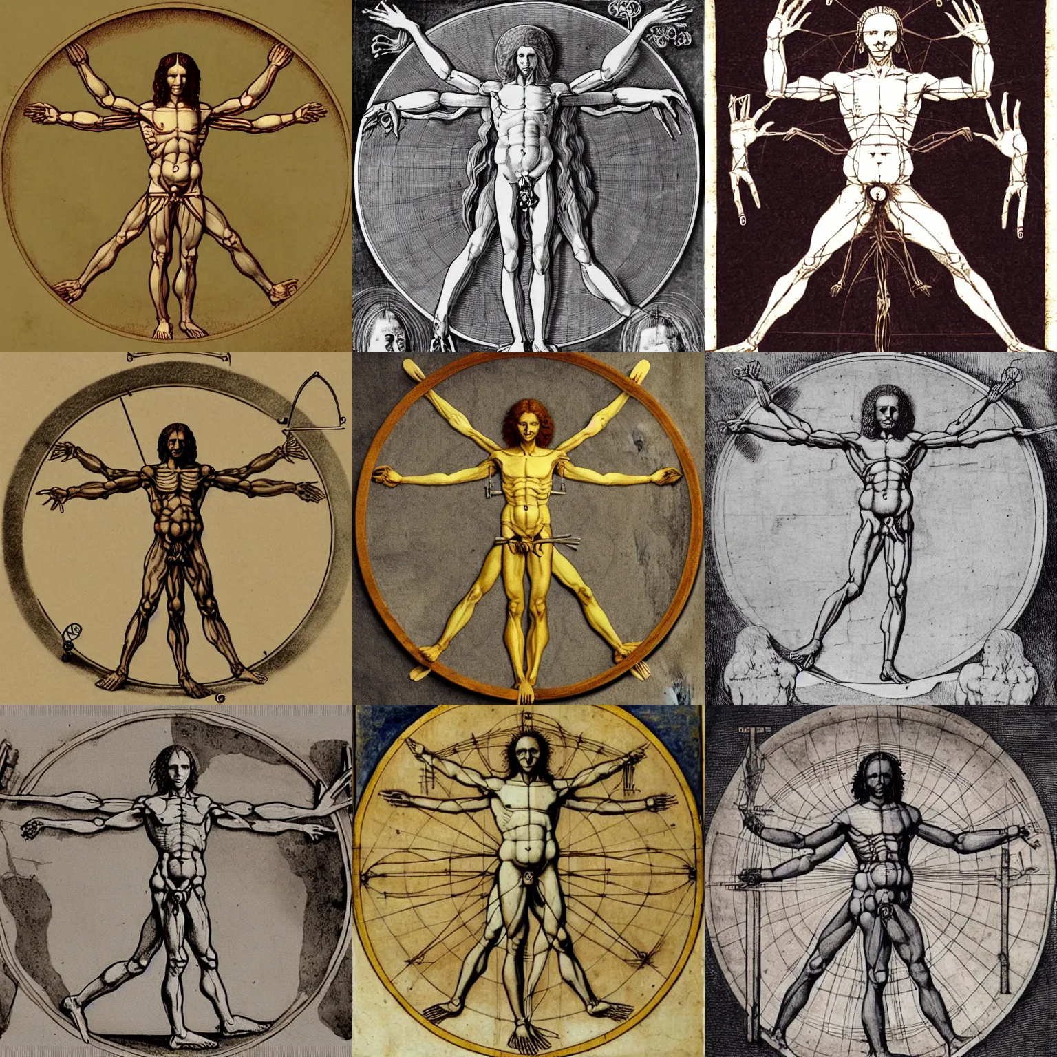 Prompt: illustration of a young man with six arms and 1 2 hands, da vinci vitruvian man, holding tools