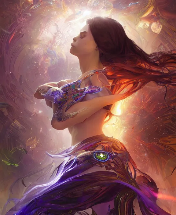 Image similar to a whirlwind of souls rushing inside the metaverse, half body, glowin eyes, tiara with sapphire, insect, android, cyberpunk, d & d, fantasy, intricate, elegant, highly detailed, colorful, vivid color, digital painting, artstation, concept art, art by artgerm and greg rutkowski and alphonse mucha and ruan jia