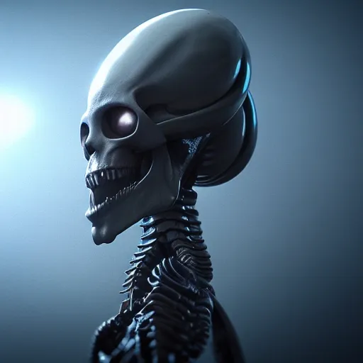 Image similar to an alien creature wearing a skull mask, humanoid shape, full body, photorealistic, 4 k, octane render, cinematic lighting, artistic photography, insanely detailed and intricate