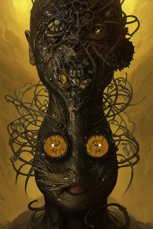 Image similar to portrait of a carnovorous plant with cat eyes, intricate, dystopian, extremely detailed, digital painting, sculpted in zbrush, artstation, concept art, smooth, sharp focus, illustration, chiaroscuro lighting, golden ratio, rule of thirds, fibonacci, incredible art by Stanley Artgerm Lau and Greg Rutkowski, composition by mike mignola and Simon Stalenhag,