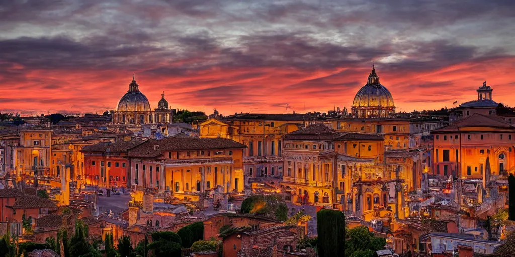 Image similar to sunset on rome, tetrachromacy, realistic photo, landscape