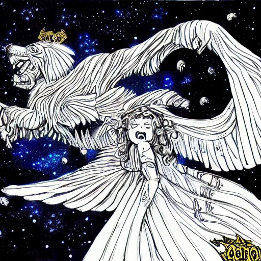 Image similar to winged lioness in outer space, ink on paper, 8k high quality detailed art, trending on art station, manga art, by Eiichiro Oda