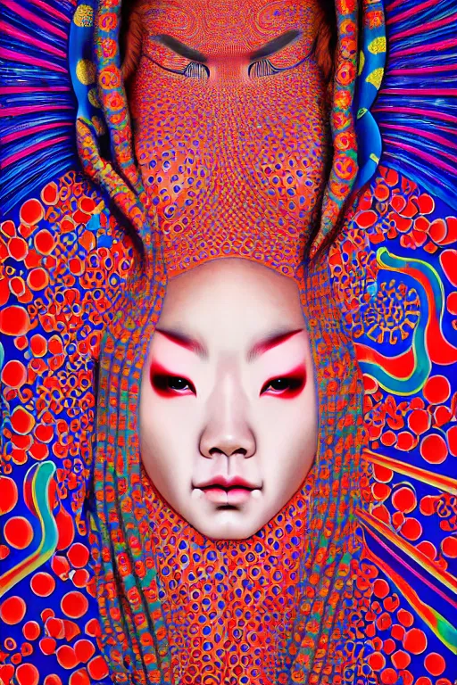 Image similar to realistic detailed image of a geisha in a robe laying down in a padded room, conjuring psychedelic background, part by yayoi kusama, part by alex gray, part by ross tran, part by james jean, ultra realistic, highly detailed, detailed face, detailed hands, detailed body, 8 k, trending on artstation, very cohesive, masterpiece