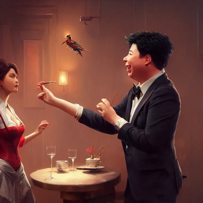 Prompt: michael mcintyre flirting with a singing waitress, elegant, real life skin, intricate artwork, high detailed, artstation, concept art, smooth, sharp focus, art by artgerm and greg rutkowski