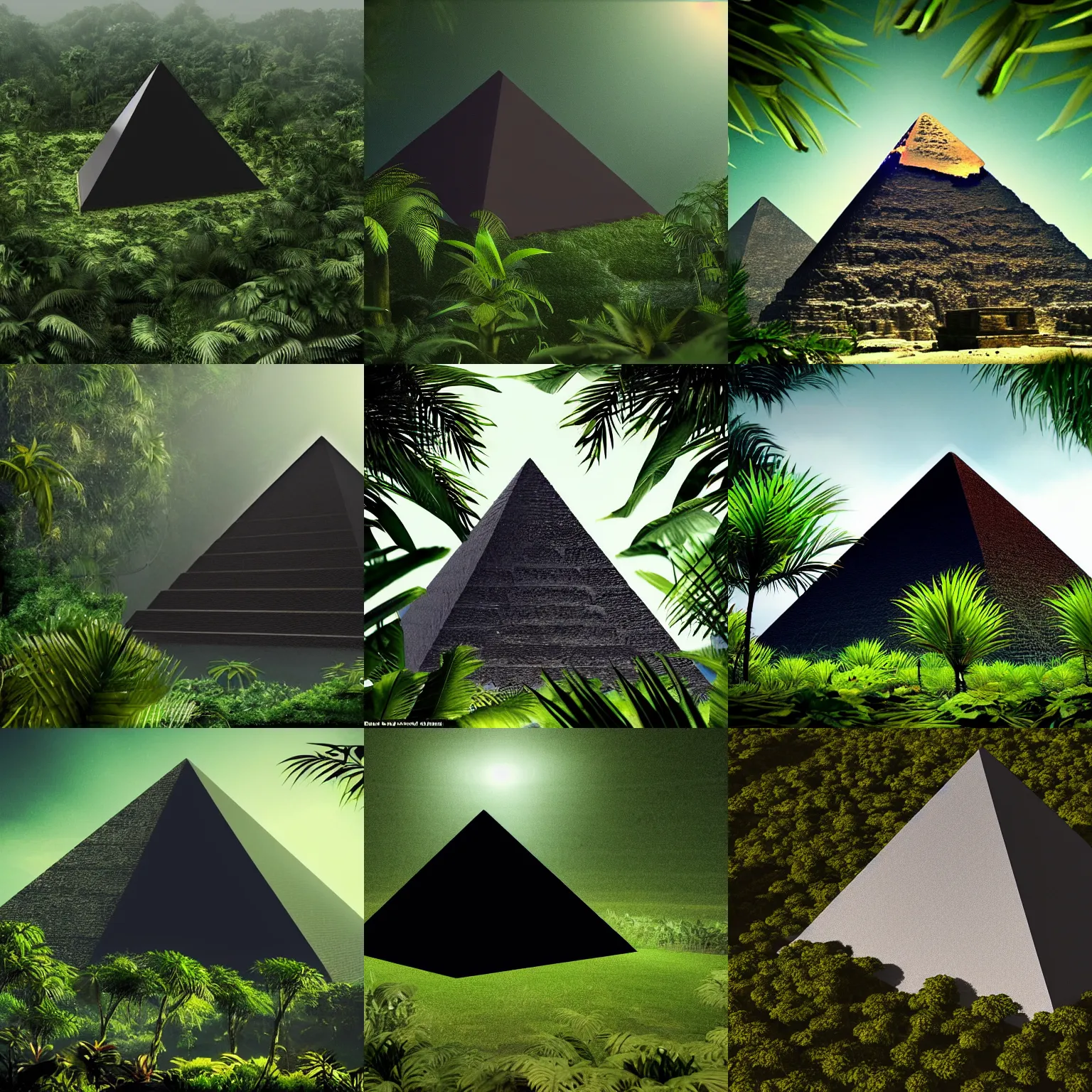 Prompt: pyramid that is black, in the jungle, plants environment, wide angle, cinematic lighting, atmospheric, realistic, highly detailed