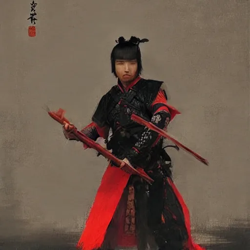 Prompt: a chinese warrior in black robes with red elements playing flute, beautiful composition, by ruan jia and wlop